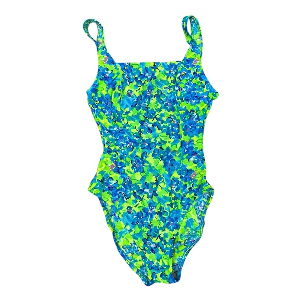 Vintage 90s Daffy Neon Floral Print One Piece Swimsuit 9/10 Green Blue High Cut